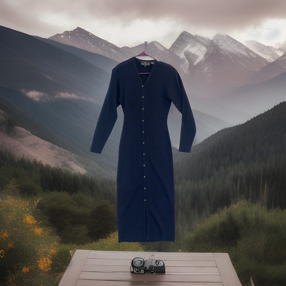 Vtg. Carole Little Dk Navy Maxi Button Up Sweater Dress Women's Sz S Long Sleeve